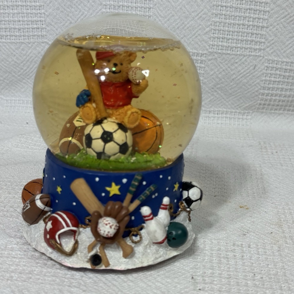 Vtg Musical Snow Globe Sports Baseball Basketball Teddy Bear 2004